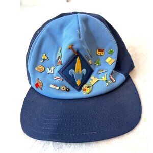 Vintage Cub Scout Webelos Hat Cap Youth Kids Uniform Blue USA Snapback with Pins